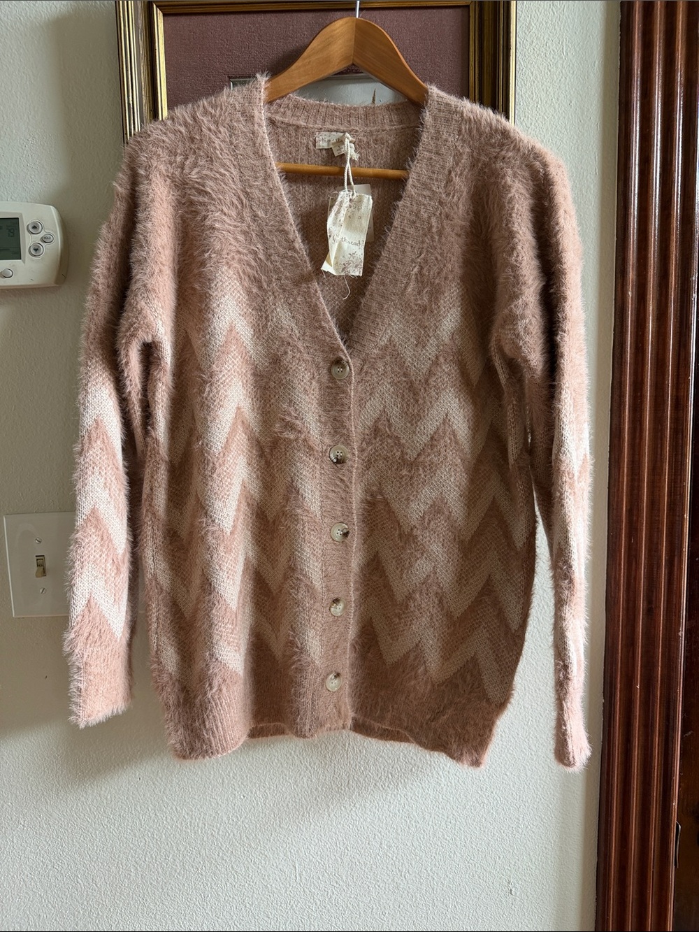 Hem & Thread Chevron Fuzzy Button-Up Oversized Cardigan